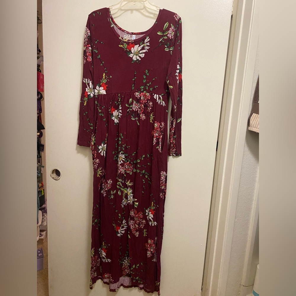 Viishow Womens Maxi Dress L Large Burgundy Red Floral Print Long Sleeve